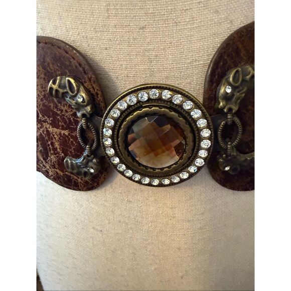 Vintage Belt Brown Distressed Leather Amber And Rhinestone Center Size M Gothic main image 7